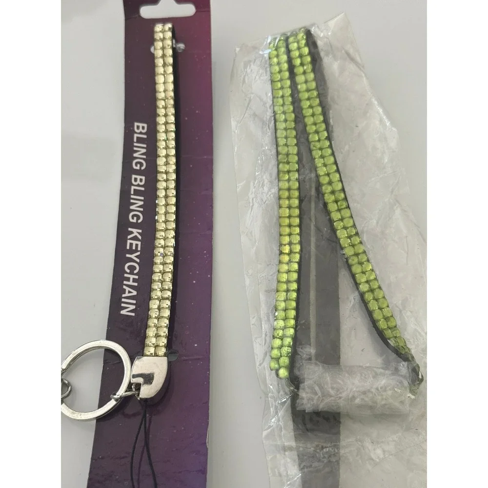 Bling Bling Keychain Set 2pc Lime Green‎ Rhinestone Lanyard Silver Tone Hardware
